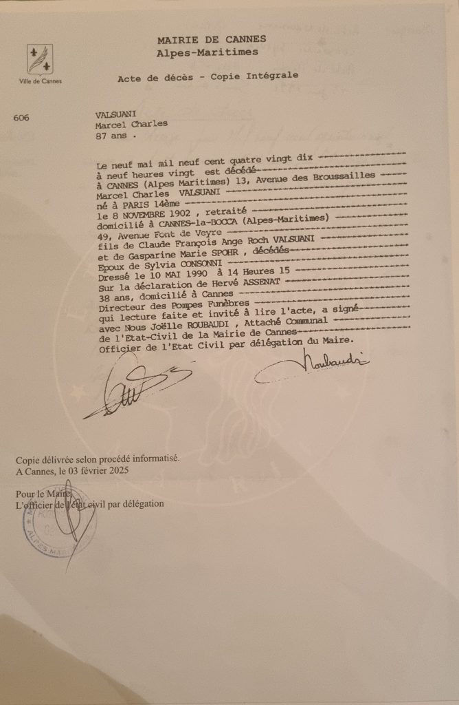 Death certificate of Marcel Charles Valsuani (1990, Cannes) - proof that Marcel, not Marcello, was Claude's son